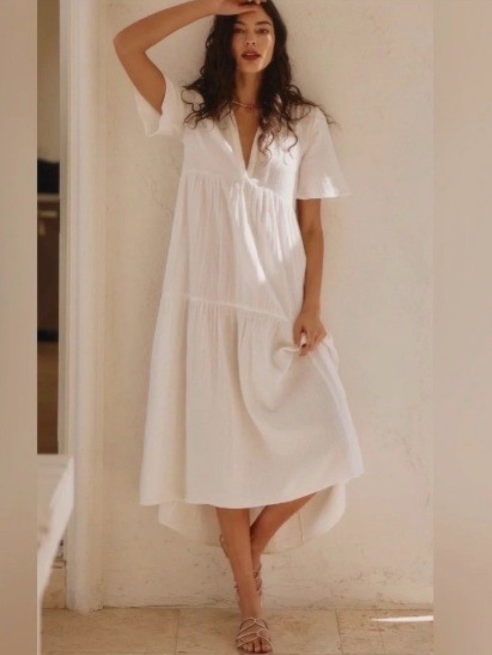 Anthropologie The Callie Flowy Maxi Dress Ivory Cotton Gauze Tiered V-Neck S